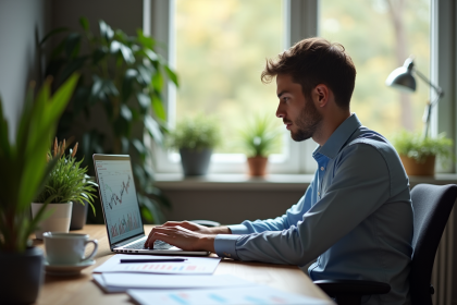 Jeune professionnel analysant des graphiques ETF sur un bureau lumineux