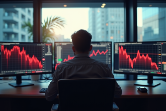 Analyste inquiet devant écrans de bitcoin en baisse