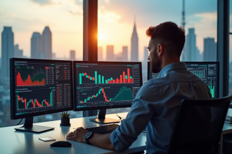 Analyste financier dans un bureau moderne avec graphiques colorés