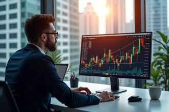 Analyste financier au bureau avec graphiques économiques colorés