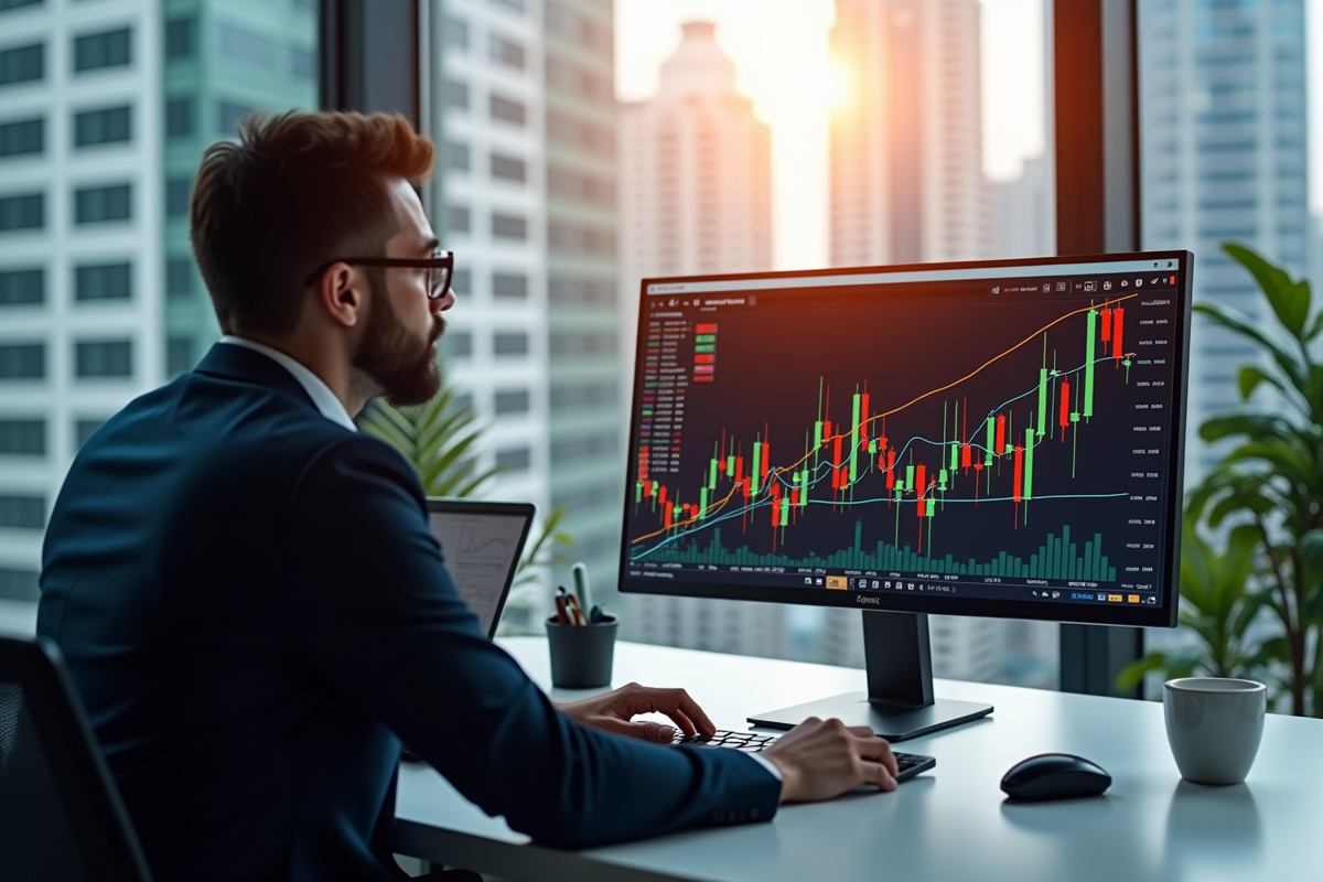 Analyste financier au bureau avec graphiques économiques colorés