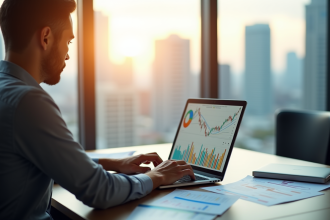 Analyste financier examinant des graphiques colorés dans un bureau lumineux