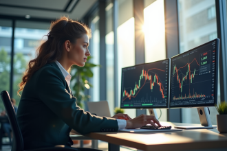 Analyste moderne travaillant à un bureau lumineux avec écrans AI
