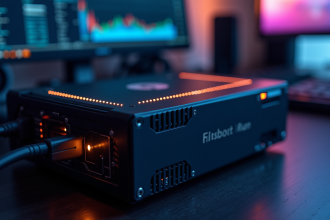 Vue rapprochee d'un Antminer en fonctionnement dans un espace moderne