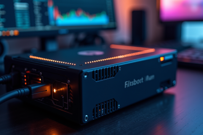 Vue rapprochee d'un Antminer en fonctionnement dans un espace moderne