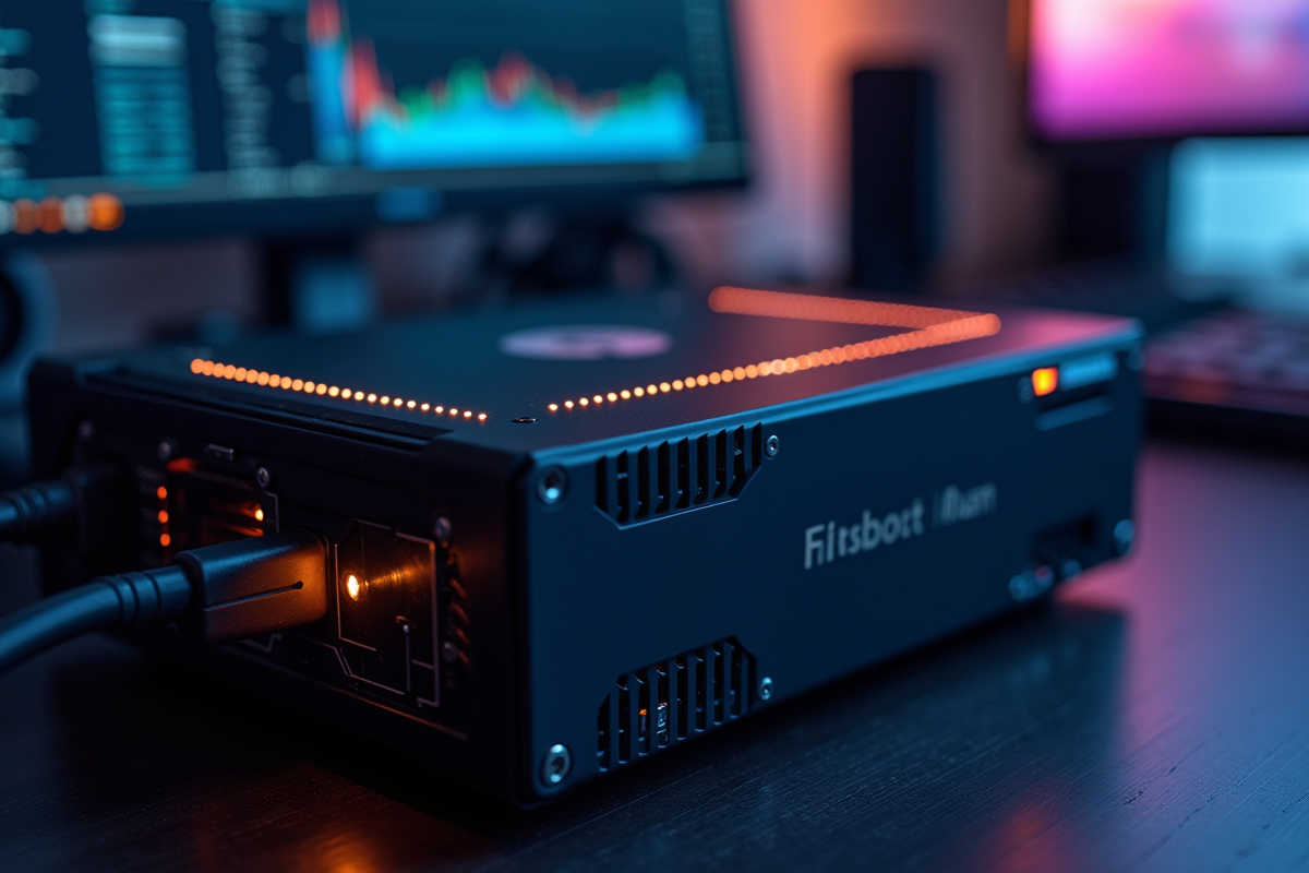 Vue rapprochee d'un Antminer en fonctionnement dans un espace moderne