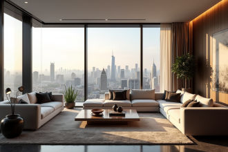 Salon élégant dans un appartement de luxe avec vue sur la ville