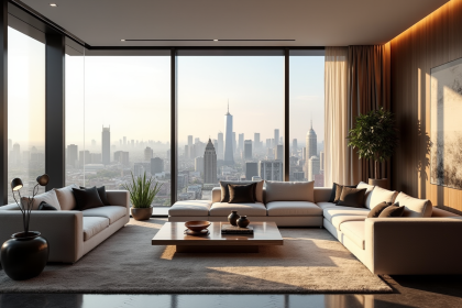 Salon élégant dans un appartement de luxe avec vue sur la ville