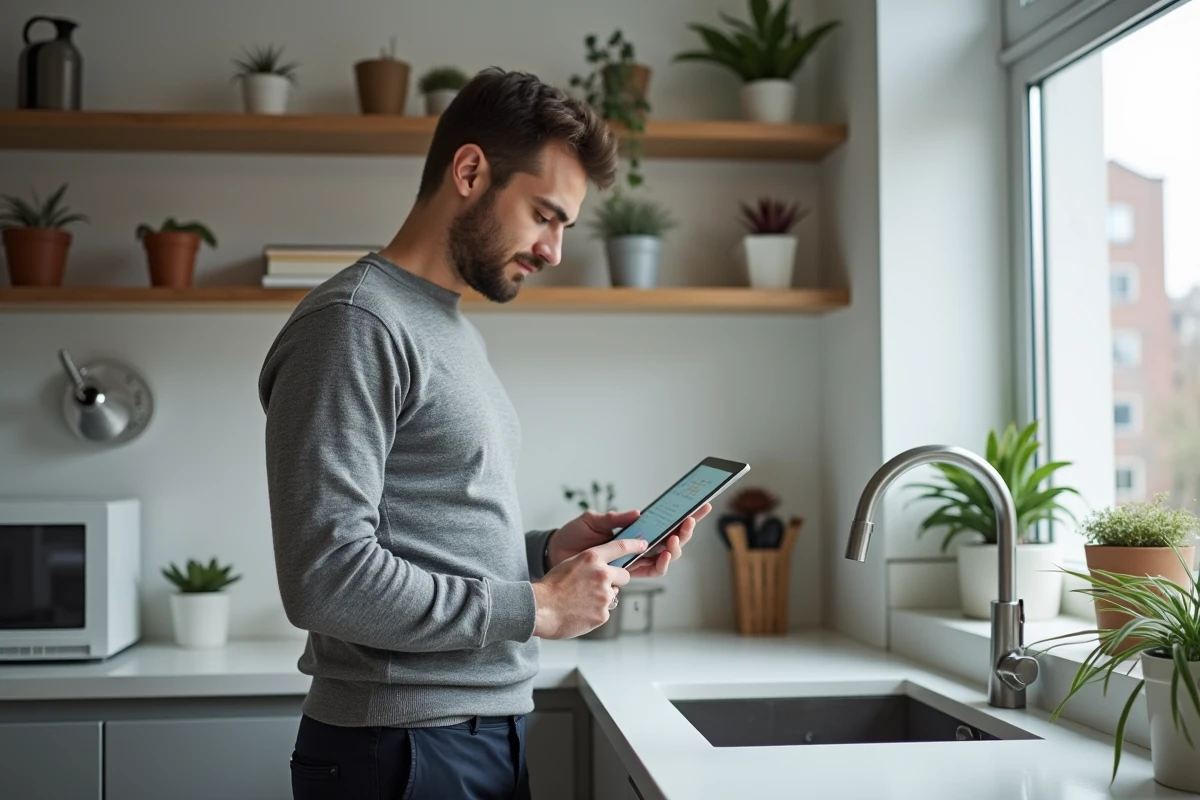 Travailleur indépendant consultant son application bancaire professionnelle sur tablette dans un espace de travail à domicile