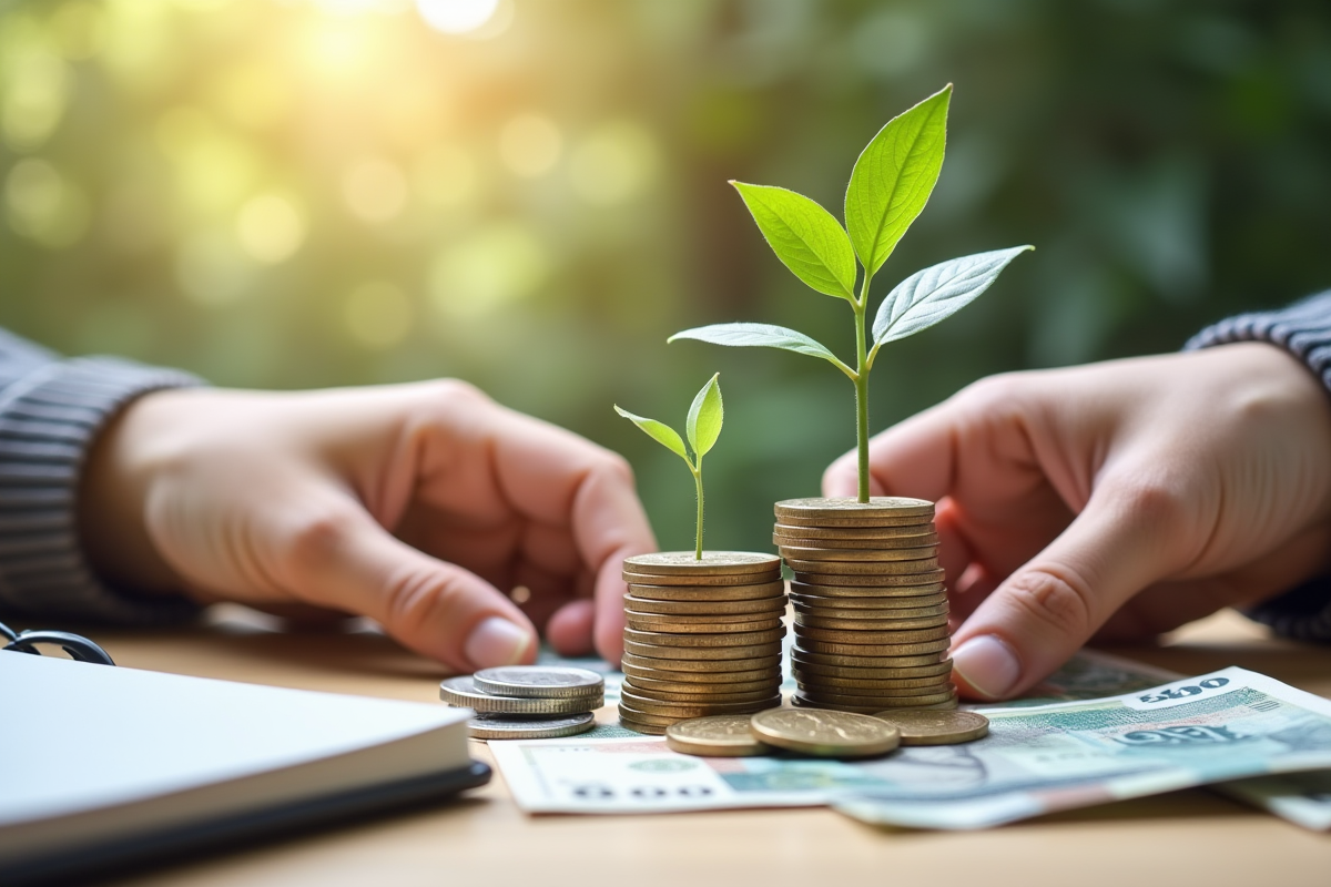 Mains empilant des pièces et billets près d