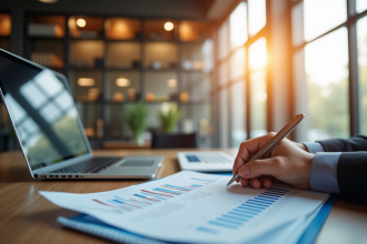 Banquier professionnel analysant des documents financiers dans un bureau moderne