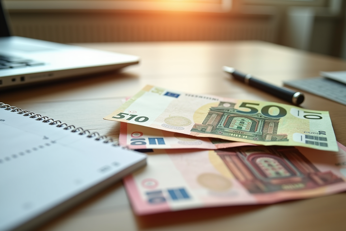 Pile de billets euros avec un carnet de notes et un ordinateur sur une table en bois
