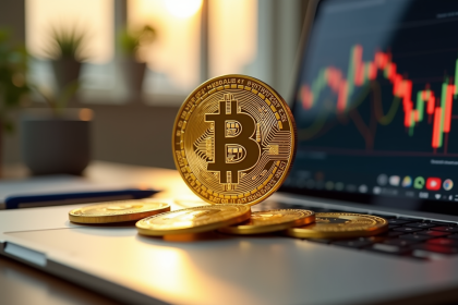 Bitcoin doré sur un bureau moderne avec graphiques financiers