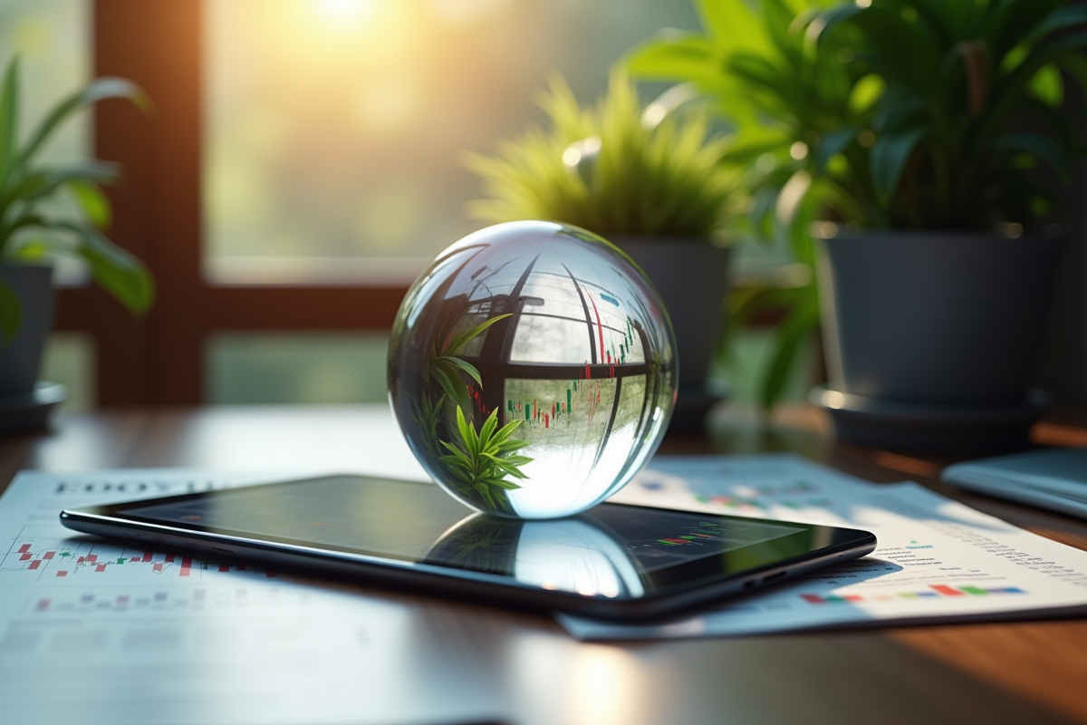 Boule de cristal sur un bureau avec graphique boursier et plantes