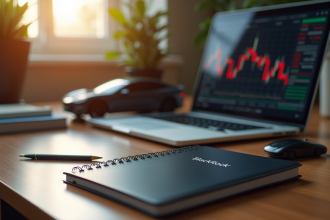Bureau avec carnet BlackRock et voiture Tesla miniature