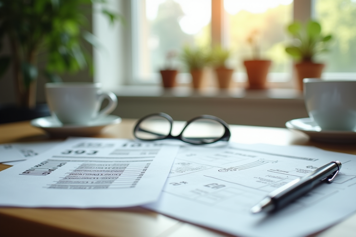 Bureau avec relevés bancaires et accessoires de gestion