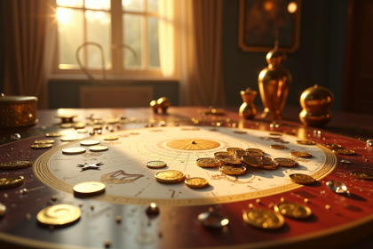 Bureau luxueux avec pièces d'astrologie et pierres précieuses