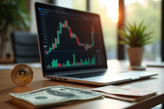 Bureau lumineux avec ordinateur affichant des graphiques forex et des billets de dollar et euro avec une pièce d'or Bitcoin