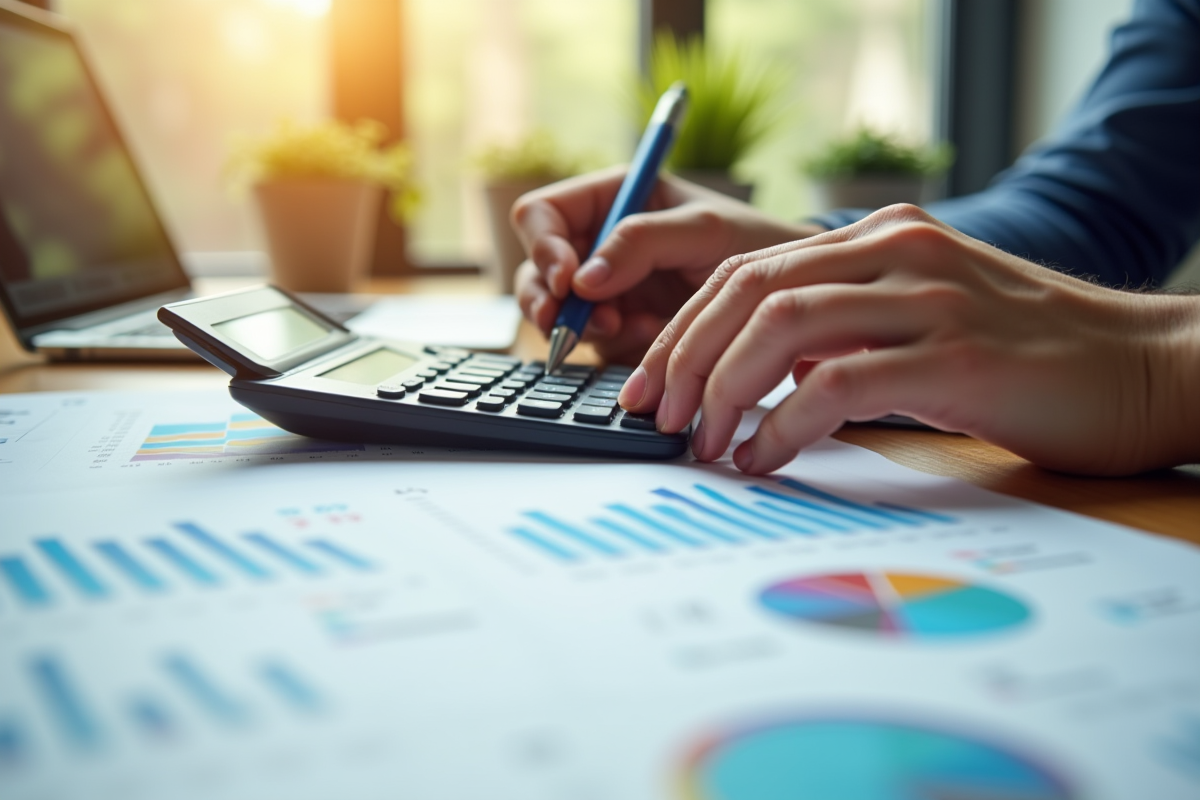 Gros plan sur calculatrice et graphiques financiers sur bureau lumineux