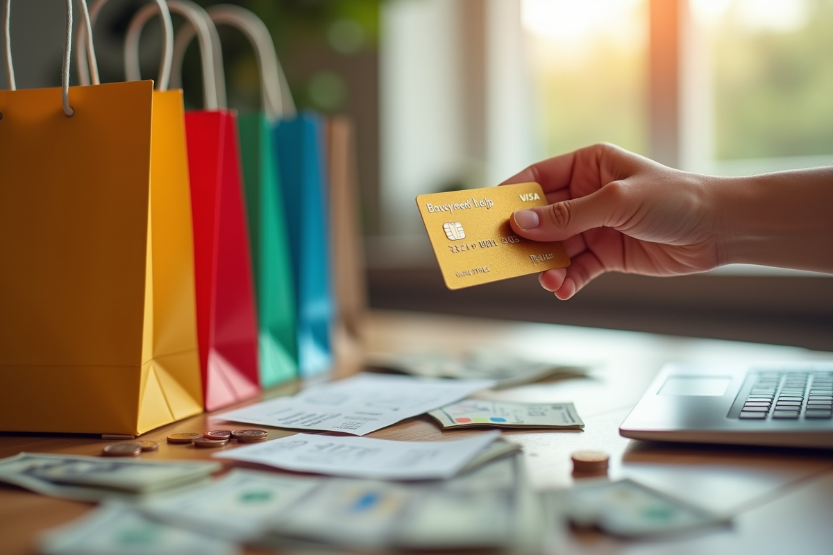 Main tenant une carte bancaire au-dessus de sacs shopping et reçus numériques