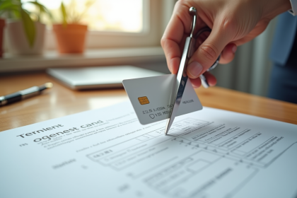 Carte bancaire française coupée en deux sur un bureau lumineux