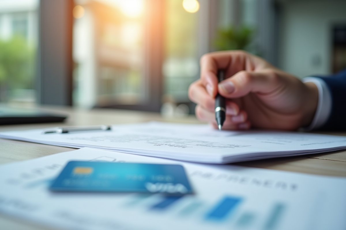 Zoom sur une carte de crédit et des formulaires financiers dans une agence bancaire