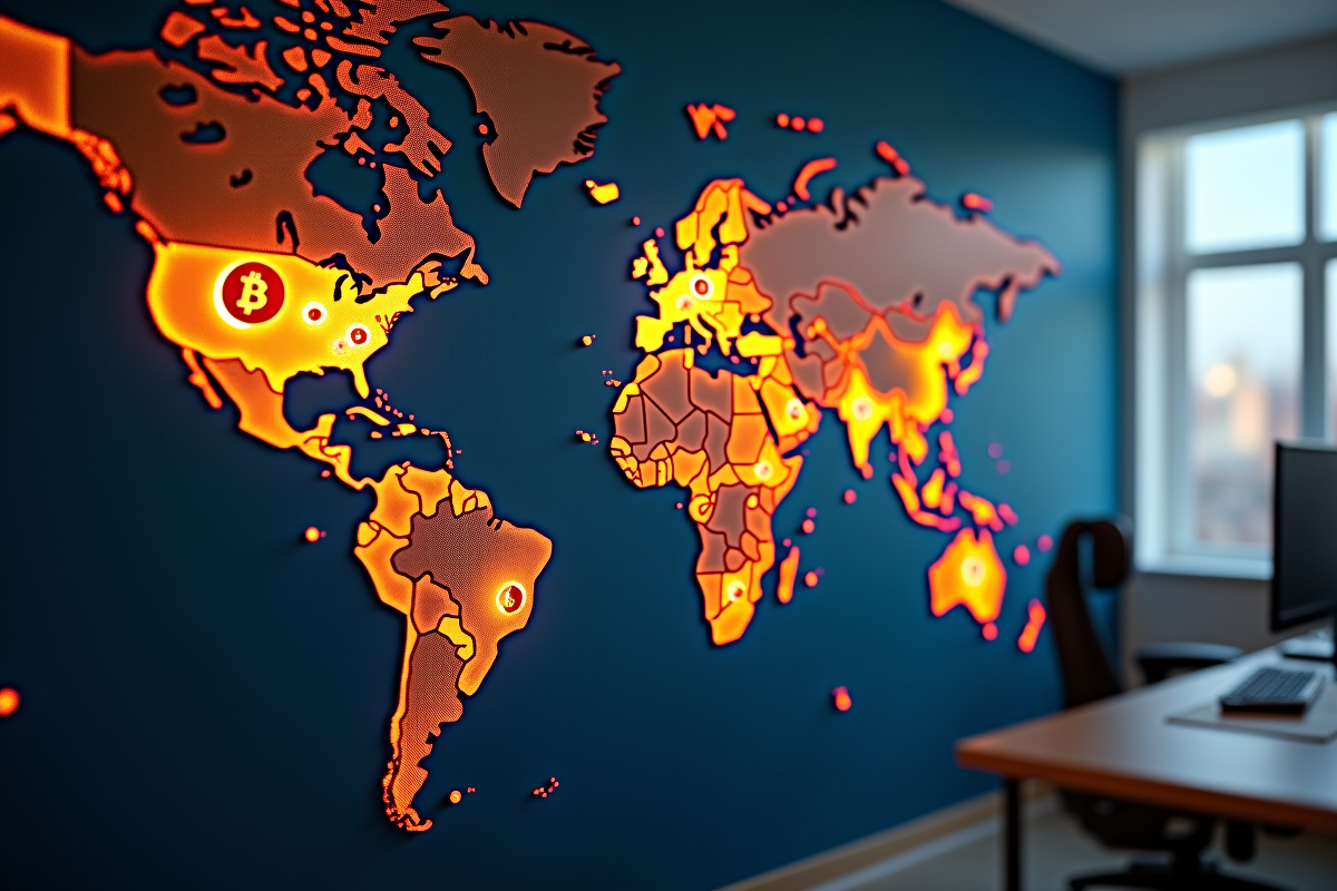 Main plaçant un bitcoin sur une carte du monde avec symboles bitcoin