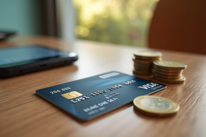 Carte Visa Premier sur une table en bois avec pièces et smartphone