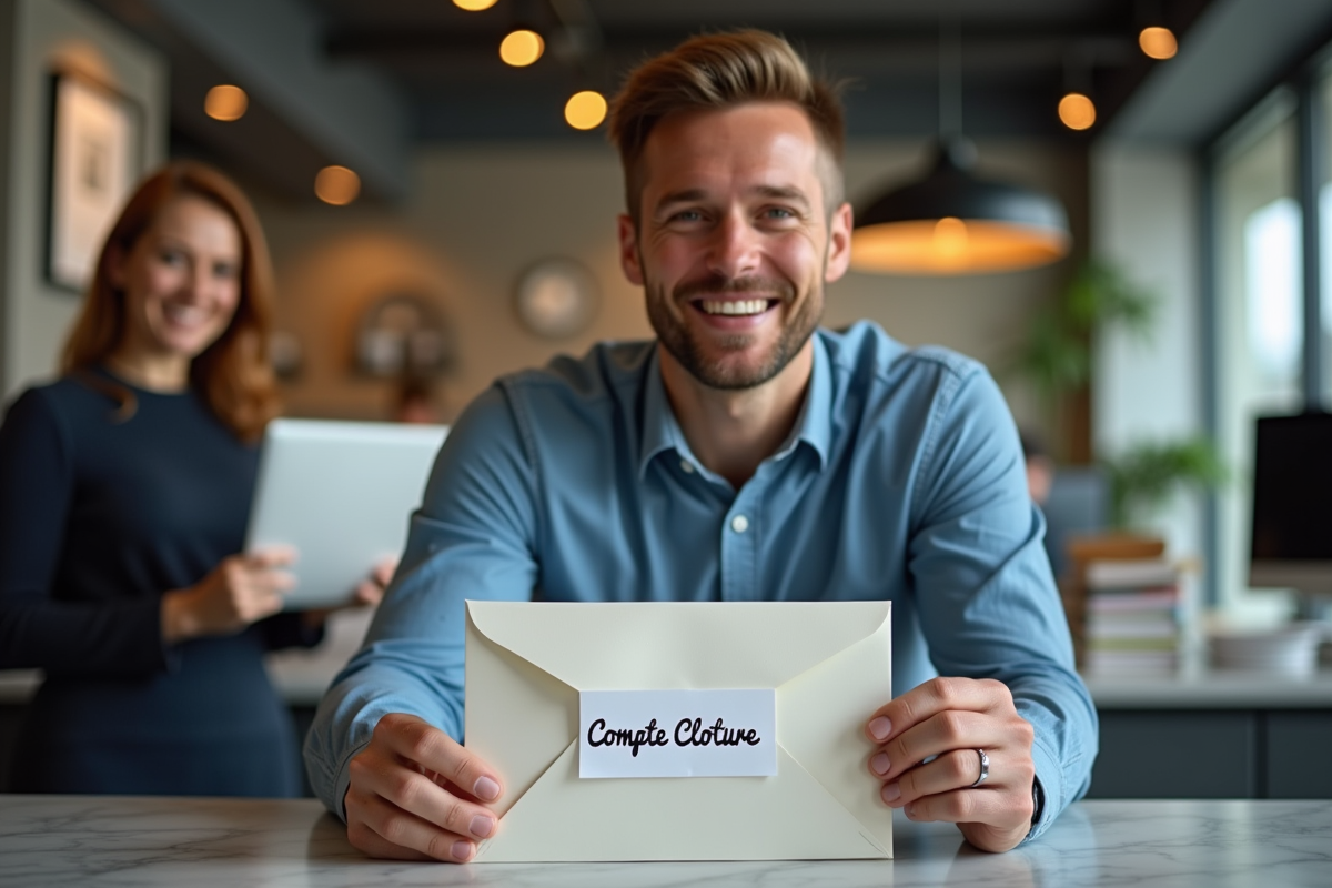 Client souriant tenant une enveloppe cloturee au guichet bancaire