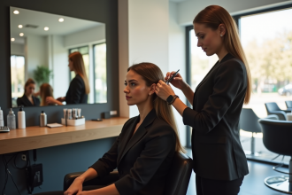 Coiffeur stylisant une femme d affaires dans un salon moderne