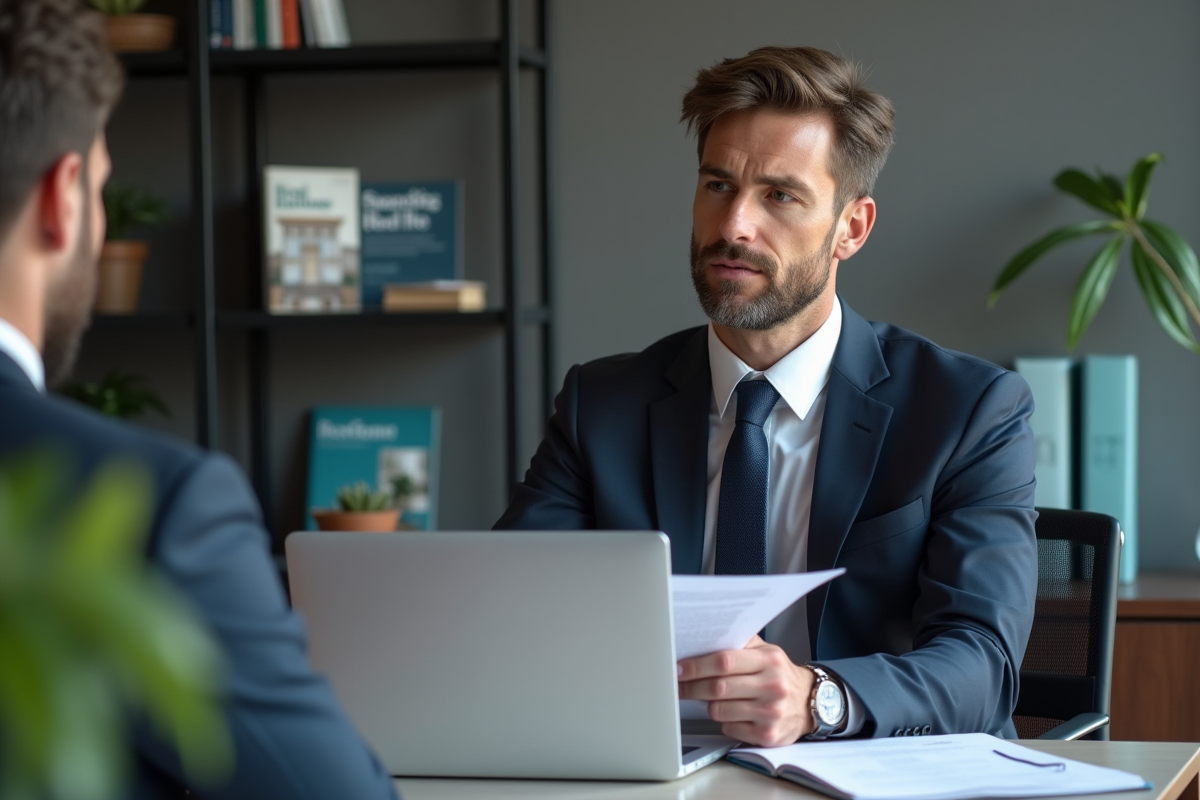 Conseiller bancaire en costume expliquant un document
