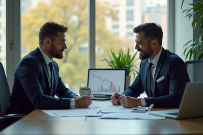 Conseiller financier expliquant graphiques et frais en bureau lumineux