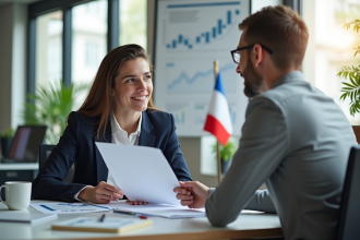 Conseiller financier discutant avec un entrepreneur dans un bureau lumineux