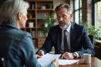 Conseiller financier discutant avec une senior au bureau