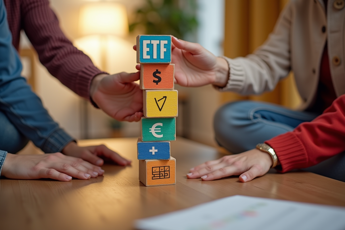 Plusieurs mains empilent des blocs colorés avec noms ETF dans un salon chaleureux