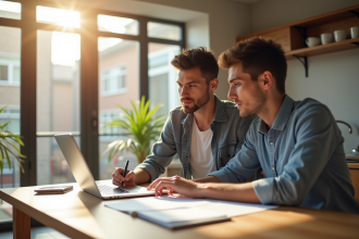 Jeune couple professionnel analysant un prêt immobilier