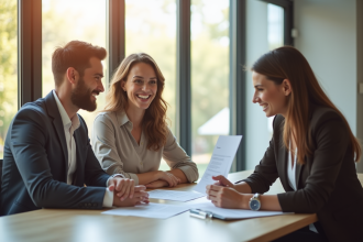 Jeune couple souriant avec un agent d'assurance dans un bureau lumineux