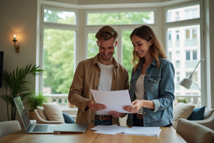 Jeune couple souriant dans leur appartement neuf discutant