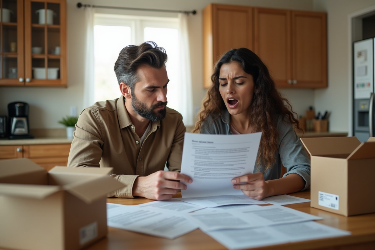 Couple inquiet examinant documents de maison