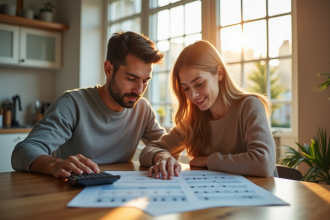 Jeune couple à la maison avec documents de prêt immobilier