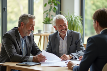 Couple mature rencontrant un conseiller financier dans un bureau lumineux