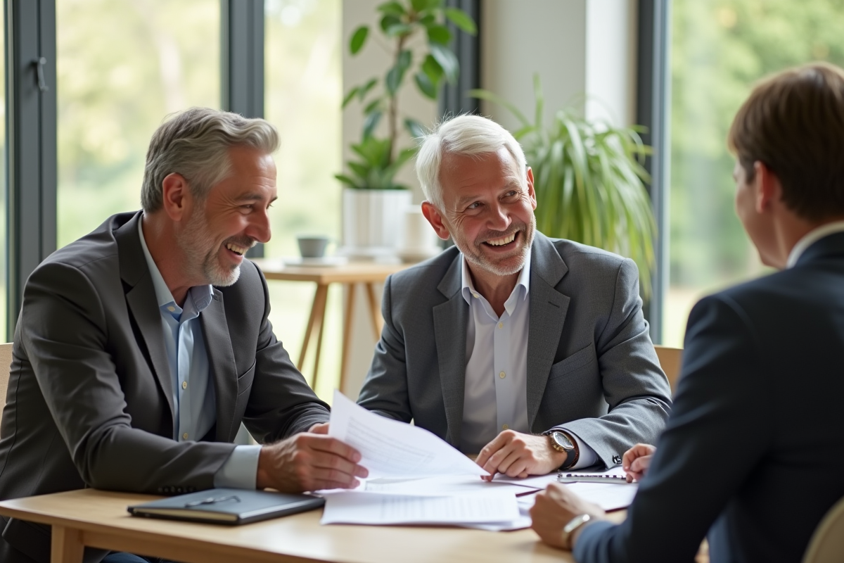 Couple mature rencontrant un conseiller financier dans un bureau lumineux