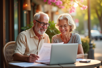 Couple mature discutant retraite au café en plein air
