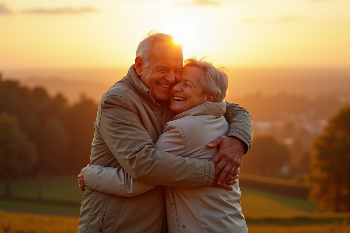 Couple retraité heureux se serrant dans un parc au lever du soleil
