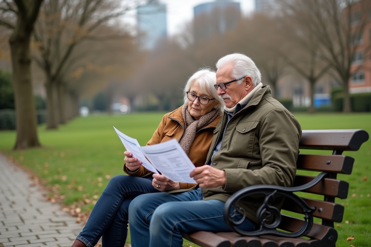 Couple retraité examinant des documents financiers dans un parc