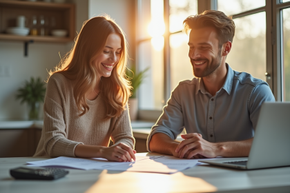 Couple souriant revoyant des documents financiers à la maison