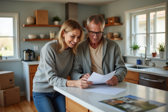 Couple d'adultes révisant des papiers dans une cuisine moderne