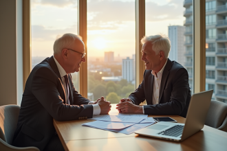 Couple senior élégant à table avec documents financiers