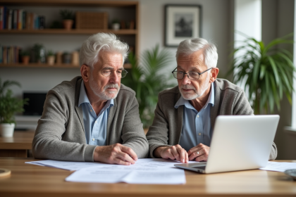 Couple senior examine des documents de pr&ecirc;t immobilier &agrave; la maison