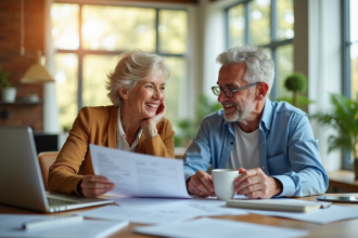 Couple senior souriant examinant des documents financiers à la maison